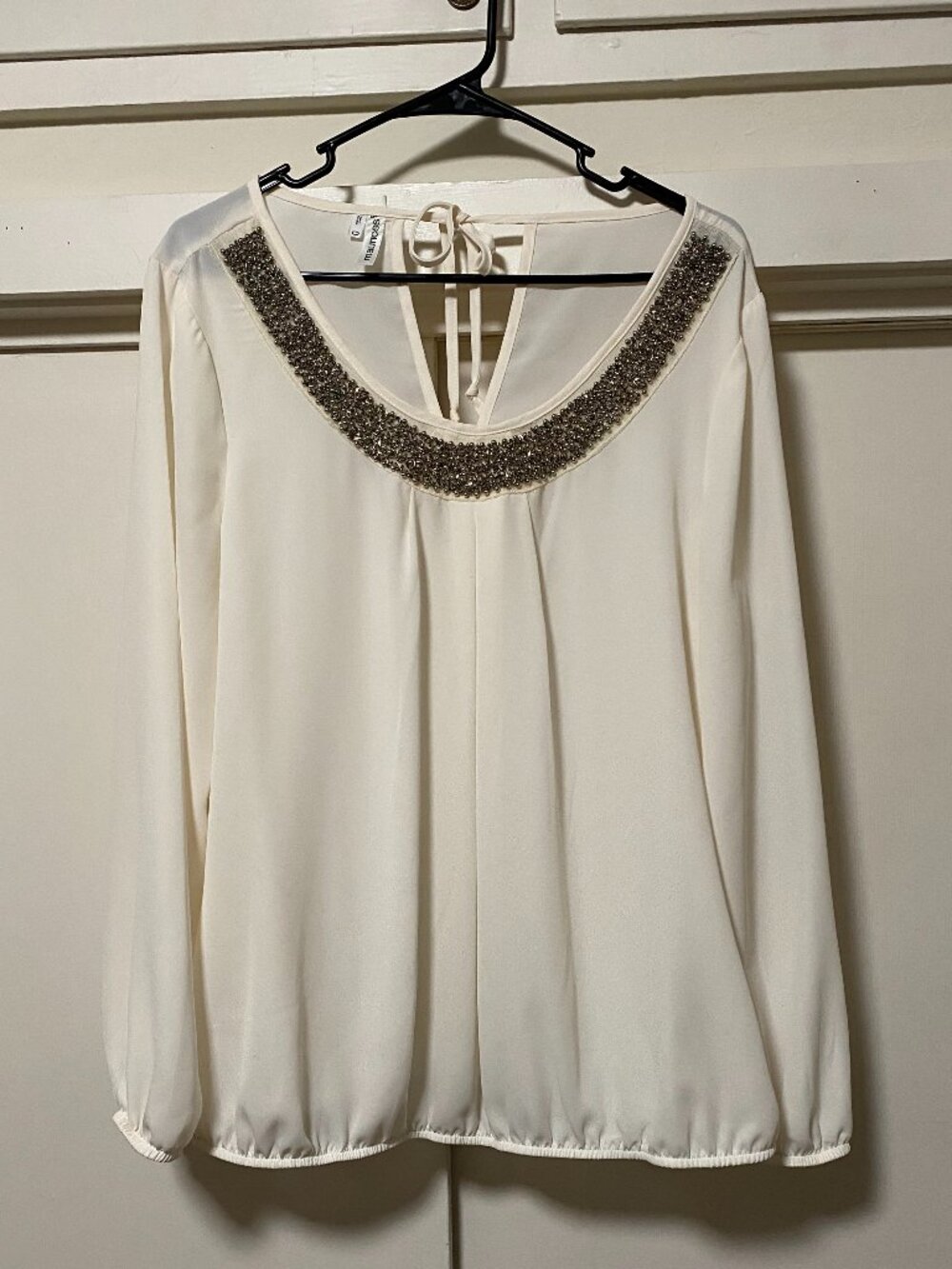 **Maurices, long sleeve white blouse w/silver beaded neckline, size 0